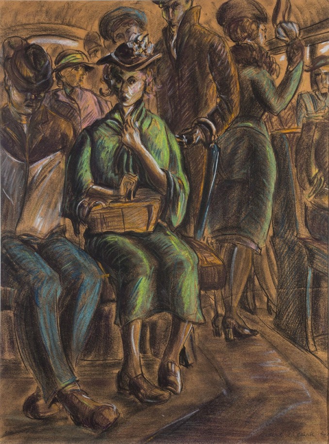 Robert Indiana's pastel drawing of a woman on a bus wearing a green coat and hat seated next to a man reading a newspaper. Behind them passengers on the bus can be seen standing.