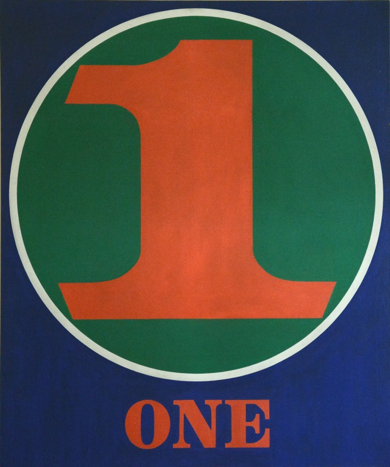 A 60 by 50 inch blue canvas dominated by a red numeral one within a green circle with a white outline. Below the circe the painting's title, &quot;One,&quot; is painted in red letters.