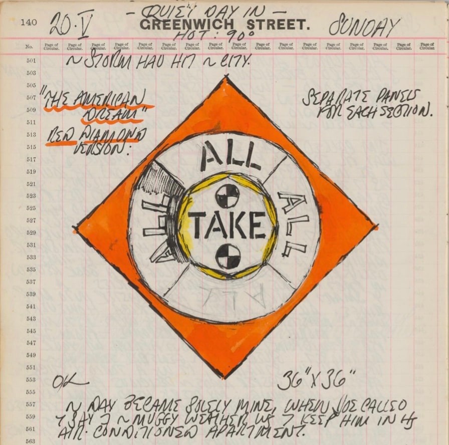 Detail from Robert Indiana's journal entry for May 20, 1962 featuring a sketch of the right panel of the painting The Red Diamond American Dream #3