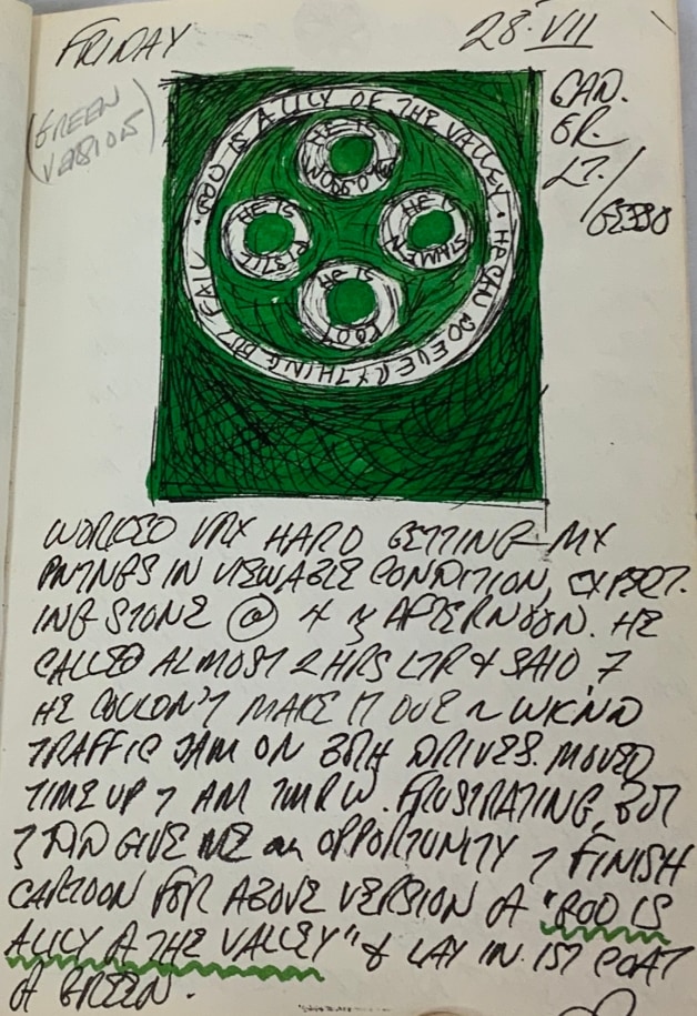 Robert Indiana's journal entry for July 28, 1961 with a sketch of the green painting God Is a Lily of the Valley