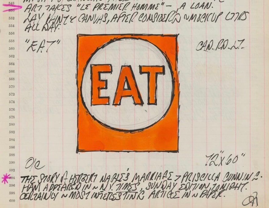 Excerpt from Robert Indiana's journal page for January 13, 1962 featuring a color sketch of the Eat panel from the painting Eat/Die
