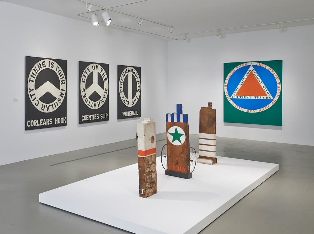 Installation view of Robert Indiana: Beyond LOVE, Whitney Museum of American Art, New York, September 26, 2013&ndash;January 5, 2014. Left to right, The Melville Triptych (1962), French Atomic Bomb (1959&ndash;60), Cuba (1960&ndash;62), Law (1960&ndash;62), and Melville (1961). Photo: Tom Powel Imaging