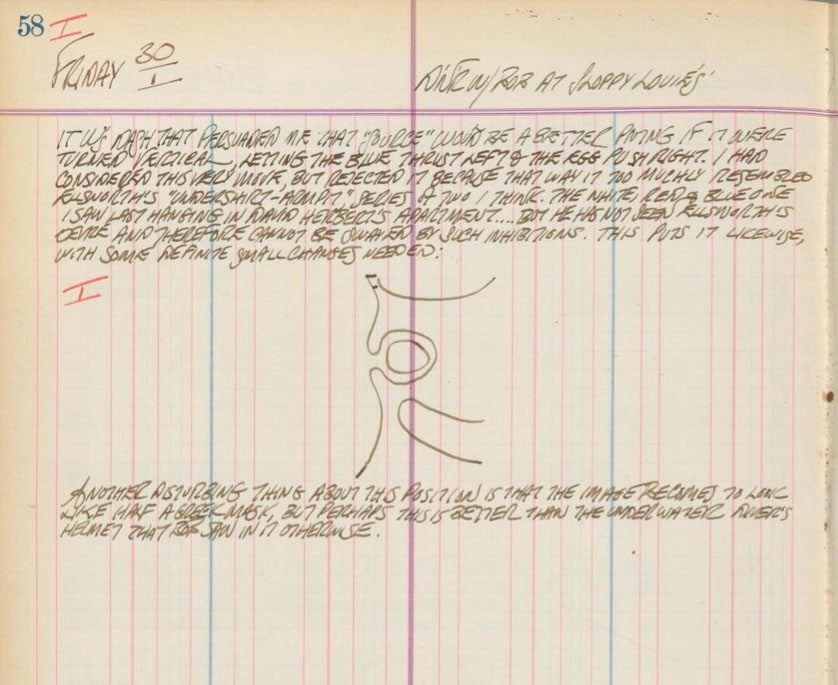 Robert indiana&#039;s journal entry for January 30, 1959. In this entry he illustrates&nbsp;Source I in a vertical orientation, noting that in this position &quot;the image becomes to look like half a Greek mask&quot;, &nbsp;