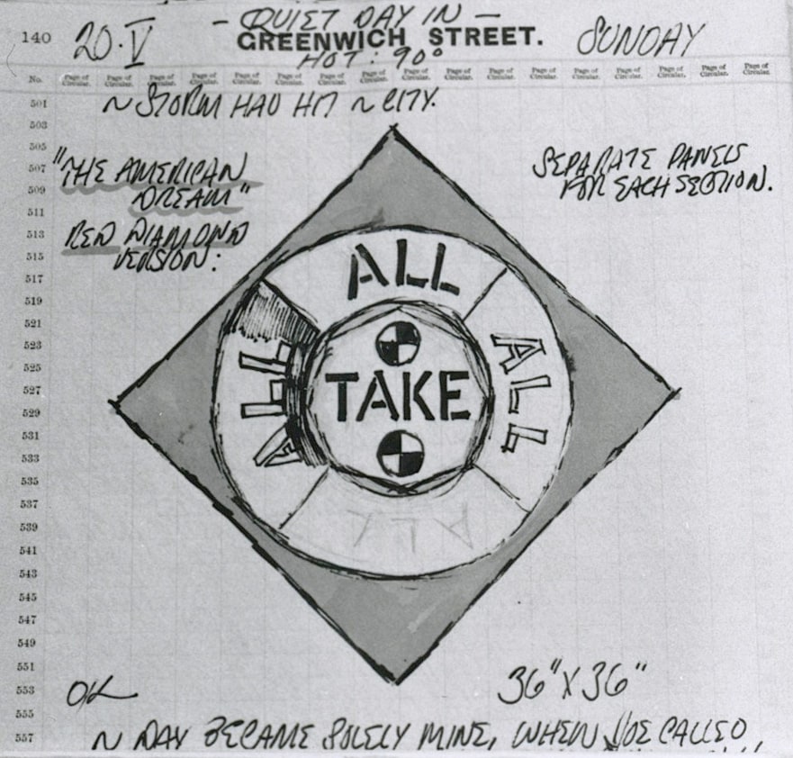 Excerpt from Robert Indiana's journal entry for May 20, 1962 featuring a sketch of the right panel of the painting The Red Diamond American Dream #3