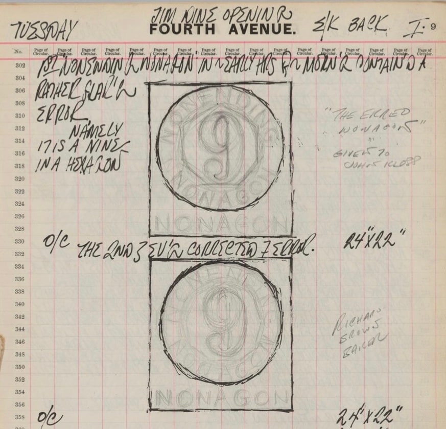 Detail from Robert Indiana's journal entry for January 9, 1962 with a sketch of Polygon: Nonagon and The Erred Nonagon