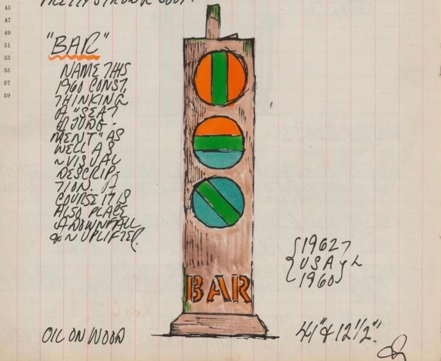 Detail from Robert Indiana's journal entry for&nbsp;April 28, 1962 with a color sketch of the sculpture Bar