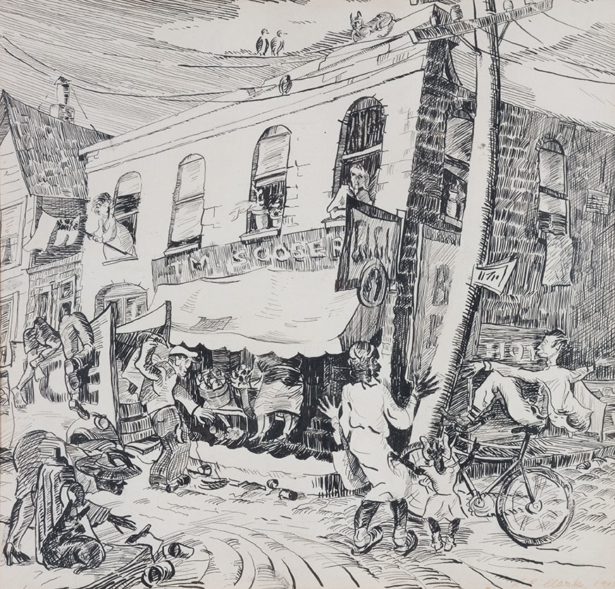 Untitled drawing of a city street scene, it includes a store, two figures trying to get into an ice truck, and a boy doing tricks on a bike eliciting the shock of a mother and her child