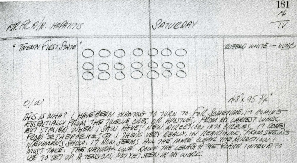 Robert Indiana's journal entry for&nbsp;April 4, 1959, featuring a horizontal sketch of Twenty-one Golden Orbs