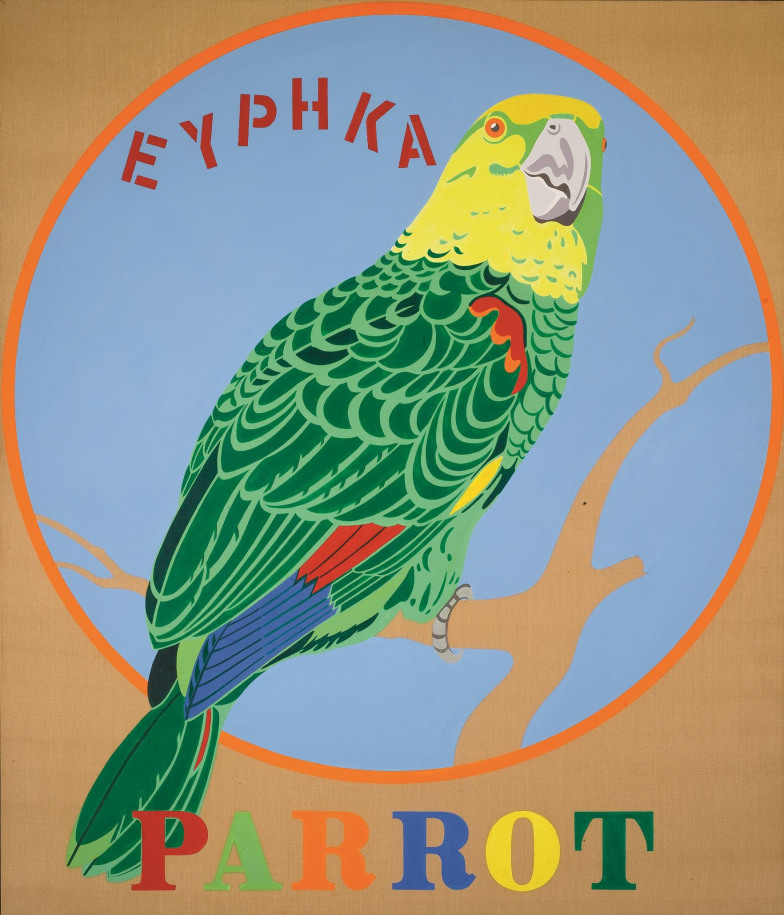 Parrot, a 70 by 60 inch light brown painting with the title painted across center bottom of canvas. Each letter is a different color. The P is red, the A light green, the first R orange, the second R blue, the O yellow, and the T green. Above is a blue circle with a green, yellow, blue, red, orange and black parrot, its tail falling out of the circle. To the left of the word &quot;Eyphka&quot; is painted in red stenciled letters.