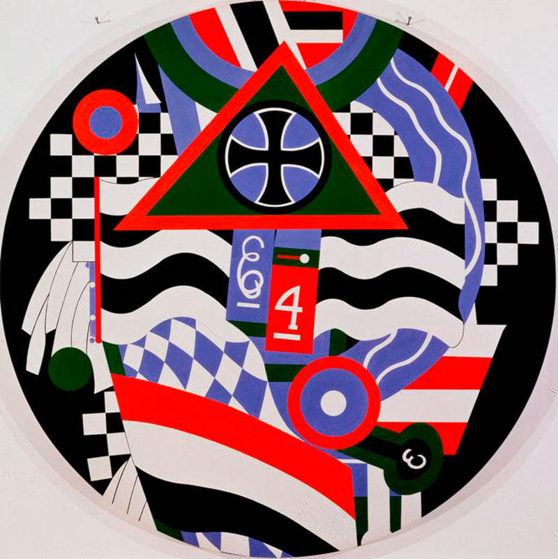 KvF XIV is a circular painting with a 60 inch diameter and a black ground. The other colors in the painting are blue, red, white, and dark green. It consists of numerous stylized design elements, as well as the white letter E against a blue rectangular ground and the white number 4 against a red rectangular ground in the center of the painting. Above this is a black iron cross in a blue circle within a dark green triangle with a red outline. Other design elements include a black and white checkerboard pattern, a red, white, and black horizontal striped flag, and a wavy black and white horizontal striped flag.