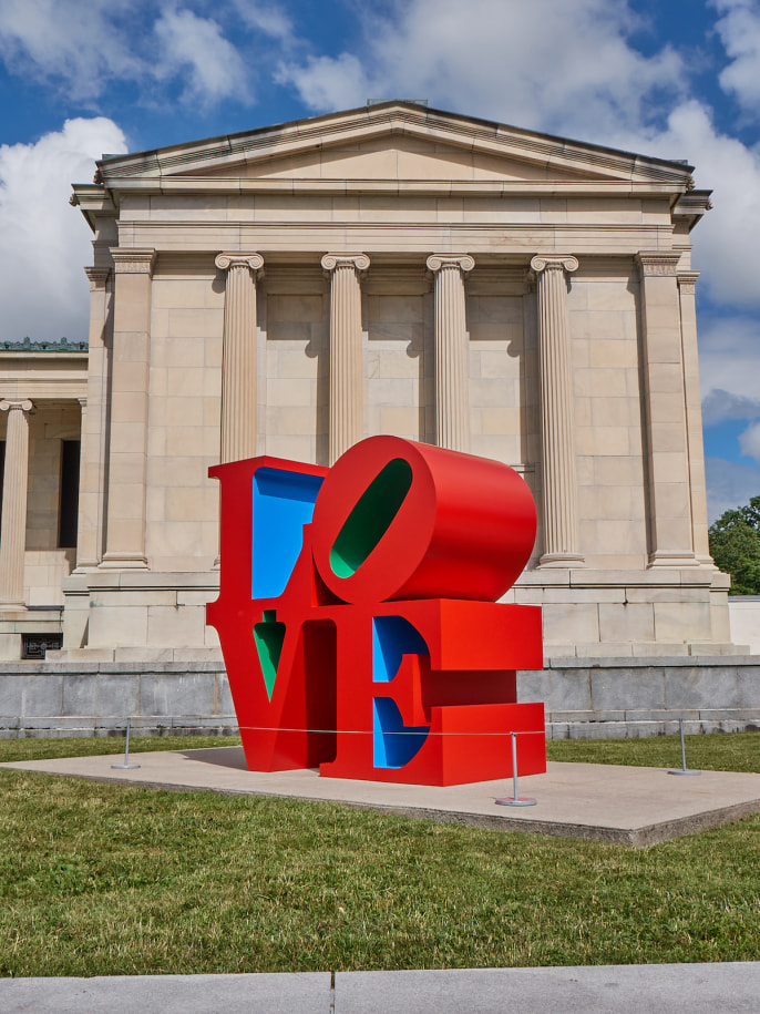 LOVE (1966&ndash;1999) installed outside of the Albright-Knox Art Gallery, Buffalo, for the exhibition Robert Indiana: A Sculpture Retrospective, June 16&ndash;September 23, 2018, &nbsp;