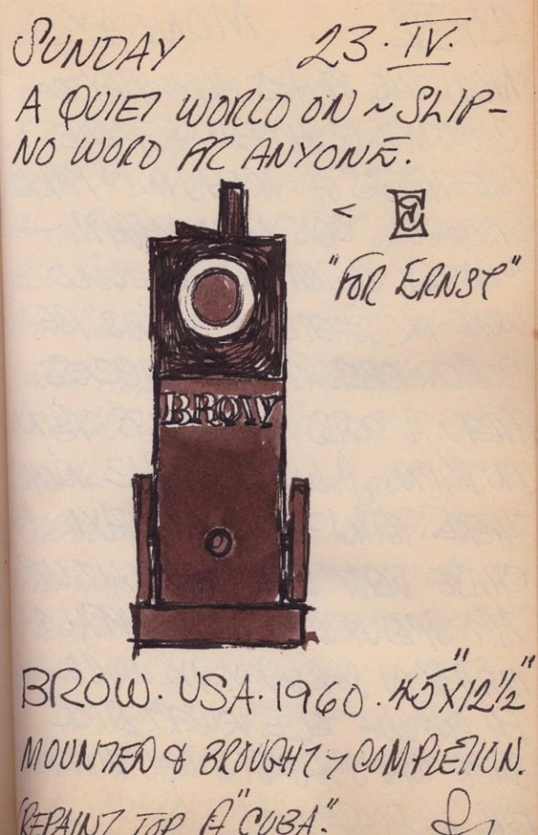 Robert Indiana's journal entry for&nbsp;April 23, 1961 featuring a sketch of the sculpture Brow