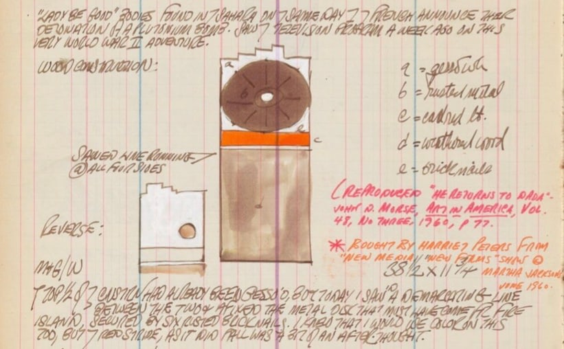 Detail from Robert Indiana's journal entry for February 13, 1960, featuring a sketch of French Atomic Bomb