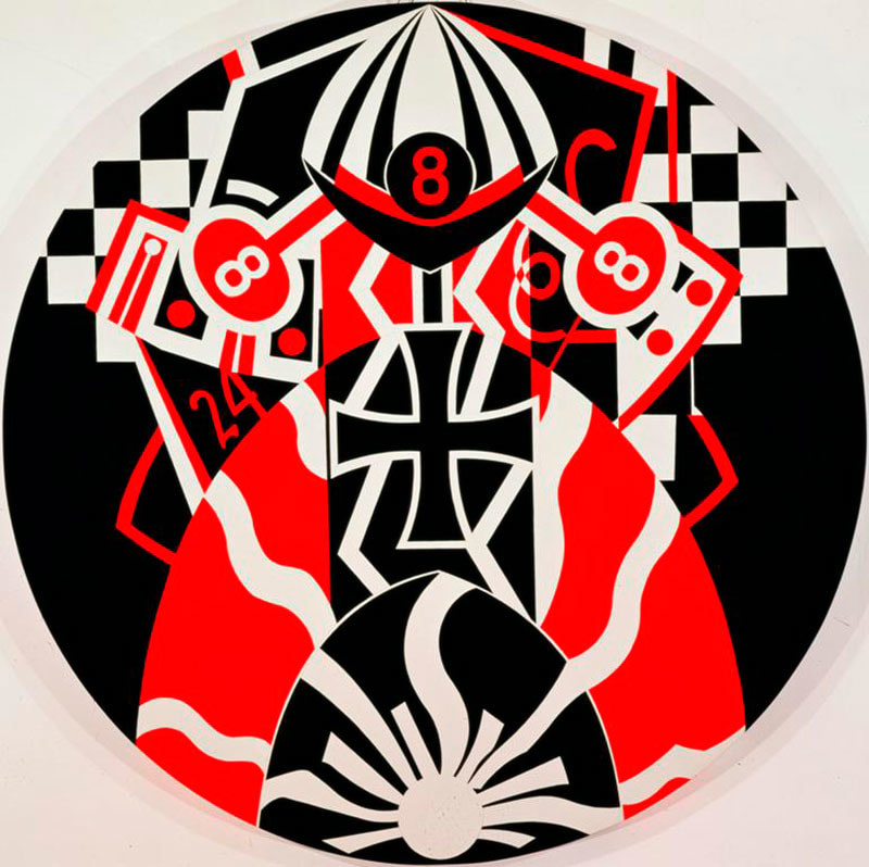 KvF XVIII is a red, white, and black circular painting with a 60 inch diameter.  It consists of numerous stylized elements. A white outlined black Iron Cross is in the center of the painting. Directly above it is a red eight in a black circle, and above to the left and right are white eights if a red ovals with a white outline. The number 24 appears in red below the 8 on the left. Other design elements include a black and white checkerboard pattern, and a white circle at the bottom of the canvas with white wavy lines emanating from it.