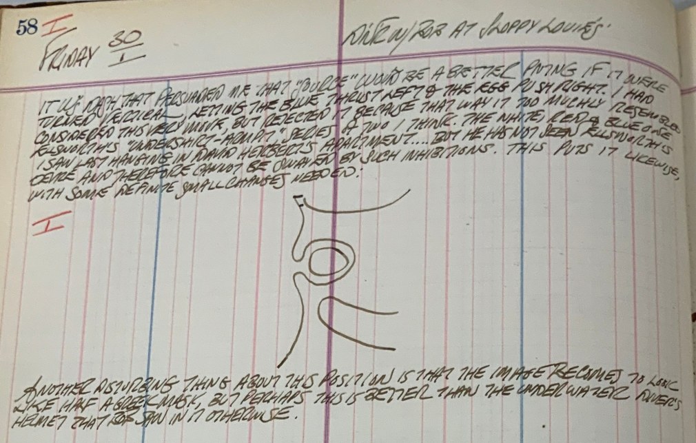 Robert indiana&#039;s journal entry for January 30, 1959. In this entry he illustrates&nbsp;Source I in a vertical orientation, noting that in this position &quot;the image becomes to look like half a Greek mask&quot;, &nbsp;