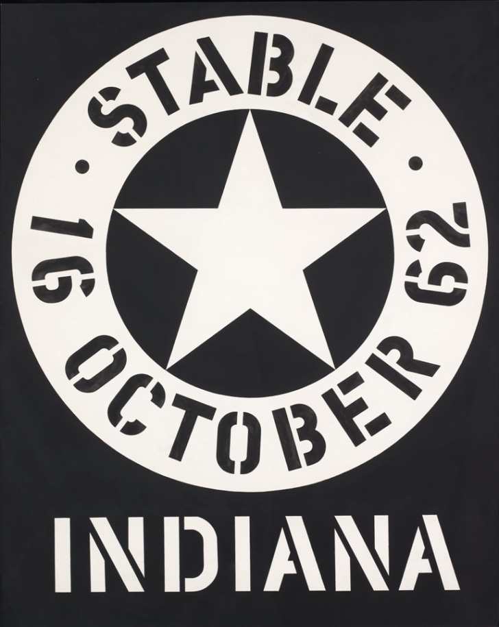 Stable, a 50 by 40 inch black and white painting dominated by a circle enclosing a white star, surrounded by a white ring with the text &quot;Stable 16 October 62&quot; painted in black stenciled letters. Below the circle Indiana has been painted in white stenciled letters.