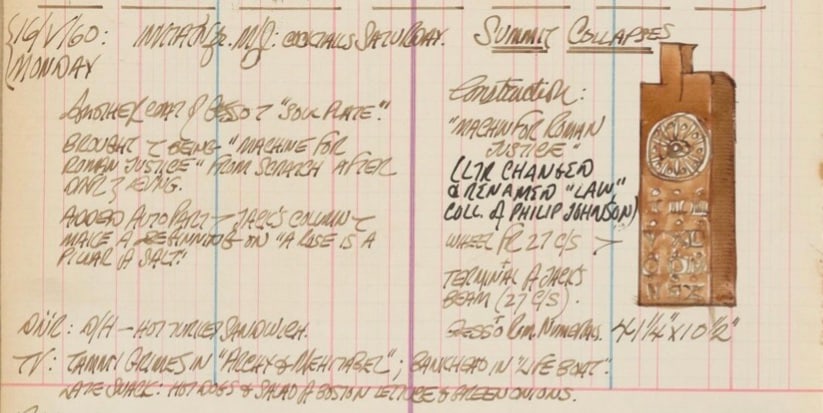 Black and white detail from Robert Indiana's journal entry for May 16, 1960 featuring a sketch of Law