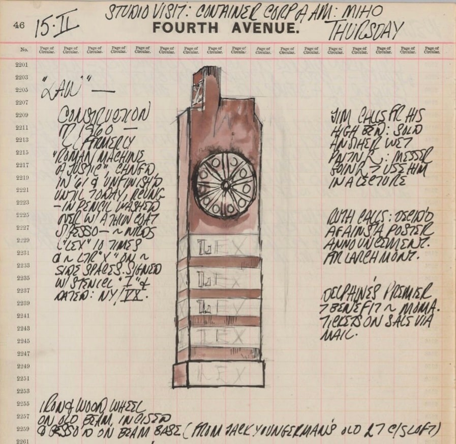 Black and white detail from Robert Indiana's journal entry for February 15, 1962, featuring a sketch of the herm Law