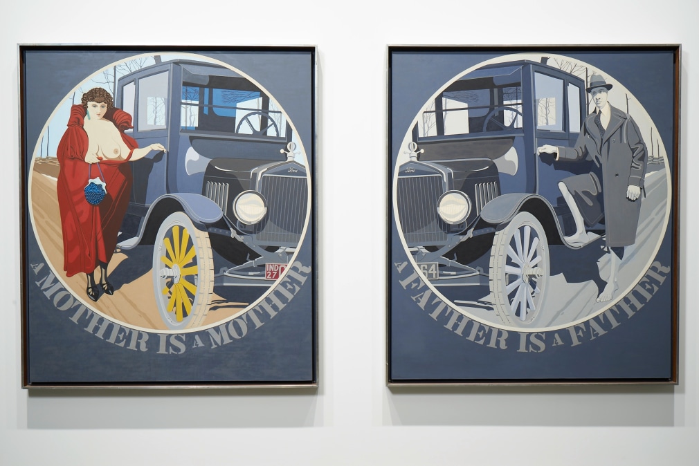 Mother and Father is a diptych of two 72 by 60 inch gray canvases. The first panel contains a circle with a portrait of the artist's mother, wearing a red cape and holding a blue purse, with one breast exposed. She stands next to a Model-T car with a yellow wheel. Below the circle is a the text A Mother Is a Mother. The second panel contains a circle with a portrait of the artist's father, in various shades of gray, barefoot and wearing a coat, next to a Model-T. The text below the circle reads &quot;A Father Is a Father.&quot;