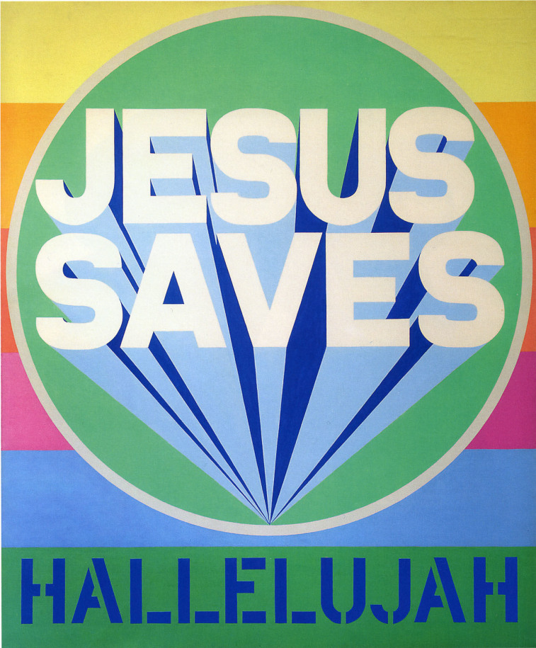 Hallelujah (Jesus Saves) is a 60 by 50 inch canvas. The background is a series of horizontal stripes, from top to bottom: yellow, orange, red, pink, blue, and green. Painted in blue stenciled letters across the green bottom stripe is Hallelujah. Above is a light green circle with a white outline. Inside the circle &quot;Jesus Saves&quot; has been painted in white letters, with rays of light and dark blue emanating from behind the letters.