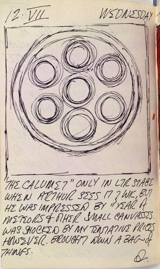 Robert Indiana's journal entry for July 12, 1961, featuring an early black and white sketch of the painting The Calumet