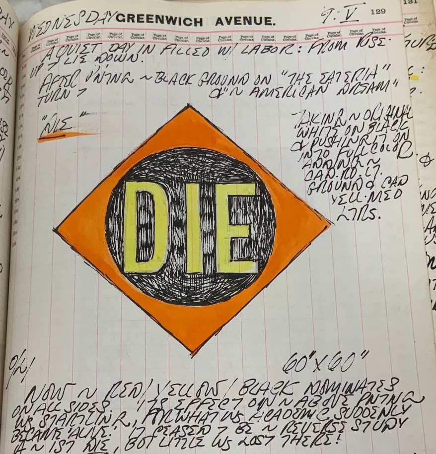 Detail from Robert Indiana's journal entry for May 9, 1962, featuring a sketch of the Die panel from The Green Diamond Eat/The Red Diamond Die