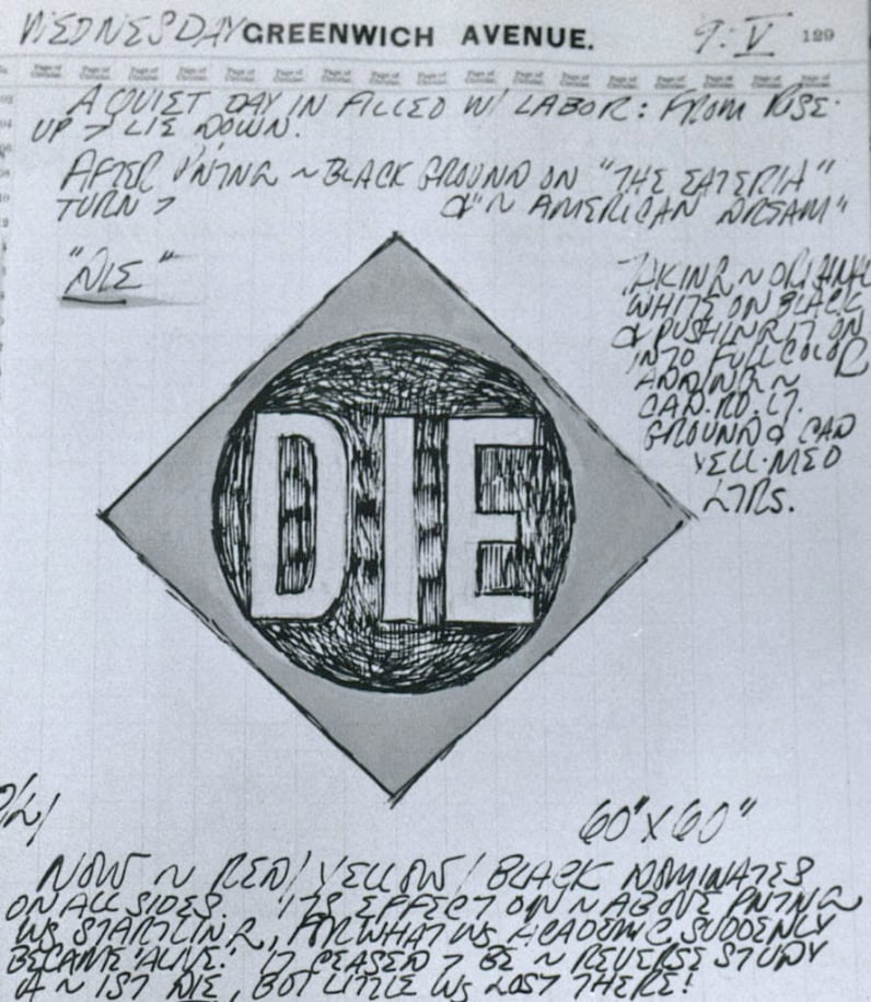 Excerpt from Robert Indiana's journal entry for May 9, 1962, featuring a sketch of the Die panel from The Green Diamond Eat/The Red Diamond Die