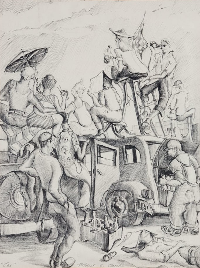 A drawing of a men and women sitting on top of their cars watching the Indy 500. One figure is lying on the ground with a newspaper over his head.