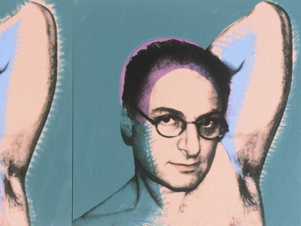 Detail of “Norman Kleeblatt" by Deborah Kass, 1997. Portrait of a man shirtless, wearing glasses and gazing at the camera. In the pop art style of Andy Warhol.