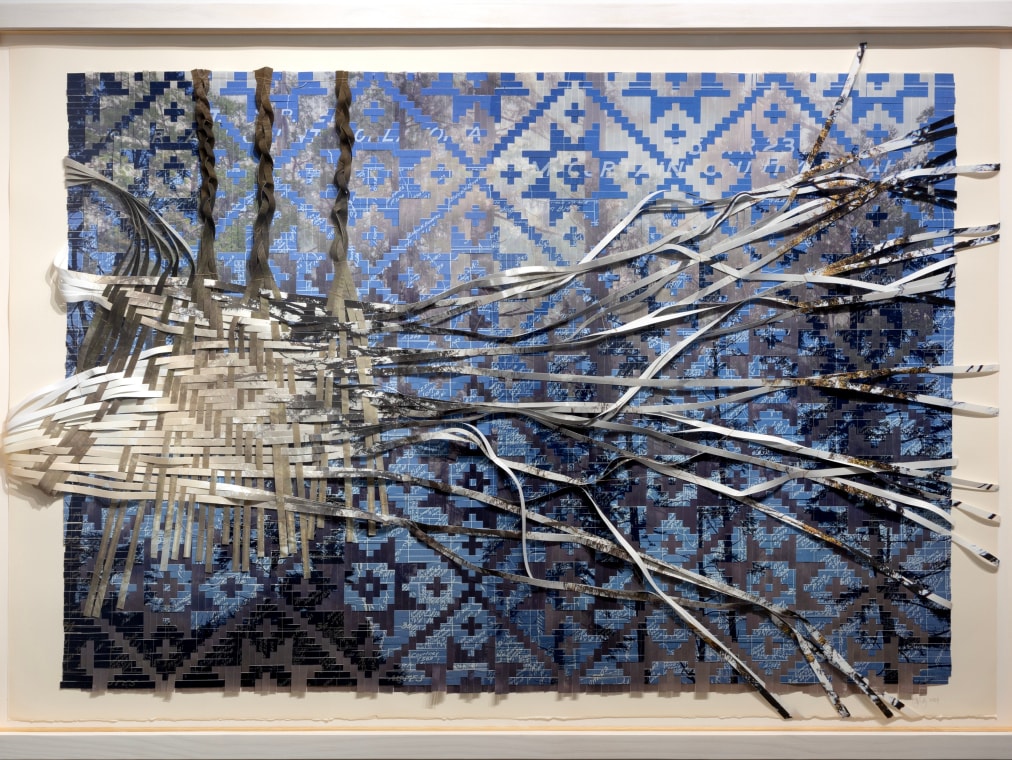 A woven set of two photographs, one black and white and the other blue, is shaped with straying strands of imagery in this image.