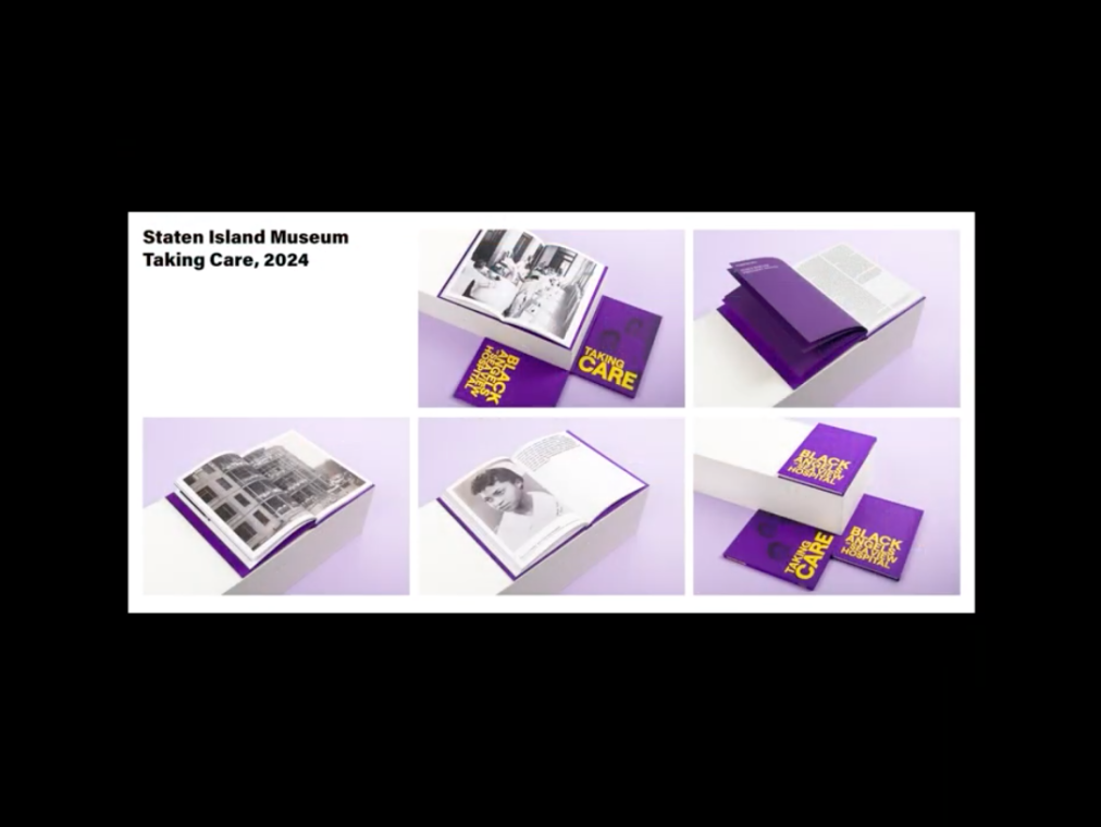 A colorful purple and yellow book for the Staten Island Museum of black and white photos is shown both open and closed.