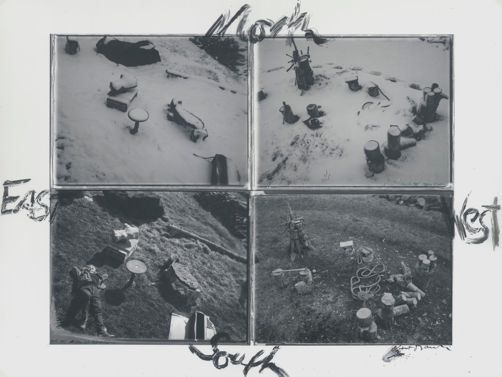 The four directions are indicated on this image of four photographs in a grid showing a natural scene with snow, and then the same natural scene with grass.