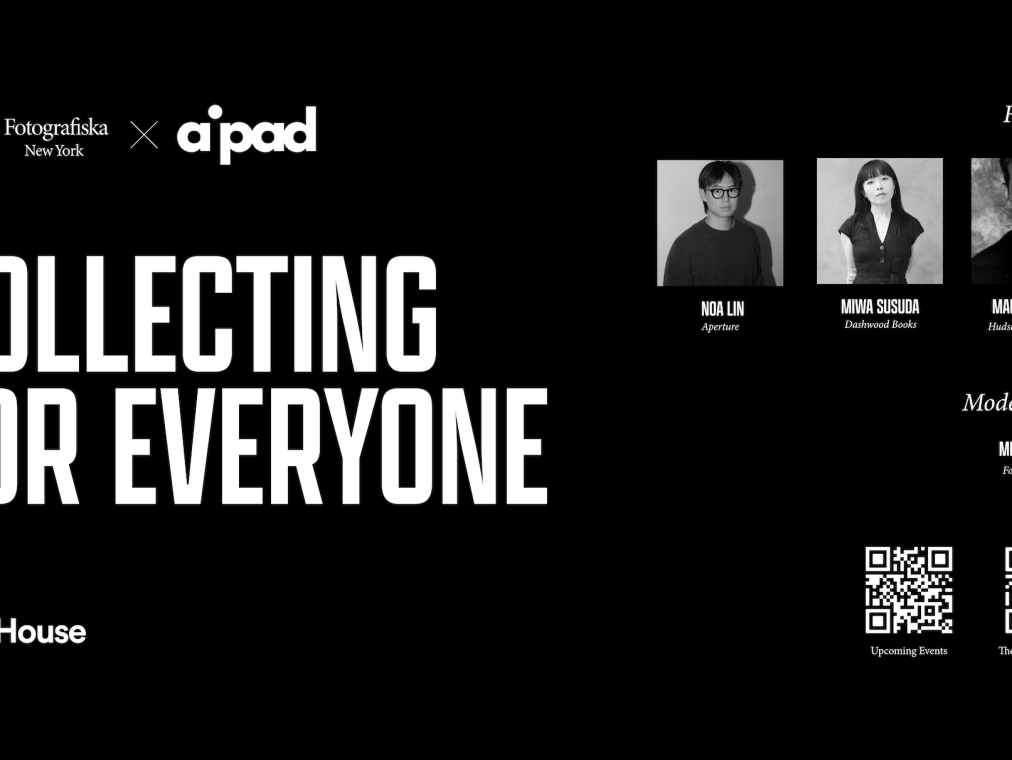 The title slide for an AIPAD Talk, in collaboration with Fotografiska, shows the three images of the panelists as well as the title of the panel, Collecting for Everyone.