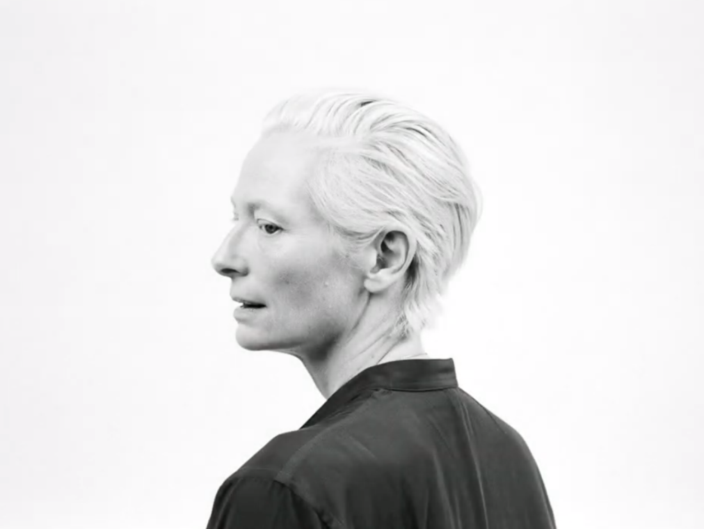 Actor Tilda Swinton photographed in black and white by Michael Stipe.