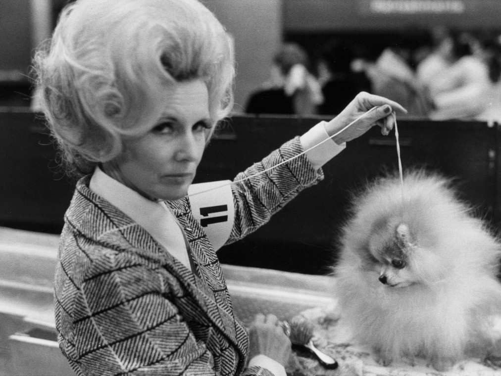 A woman with a 1960s beehive hair-do holds a small fluffy dog by a string while she looks at the camera in this black and white photograph.