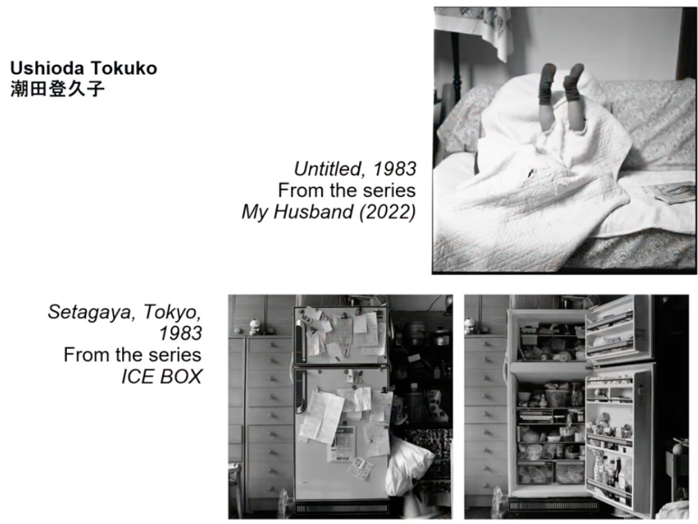 Three black and white images, including an open and closed refrigerator, and a baby's legs shown sticking out of a mound of white fabric