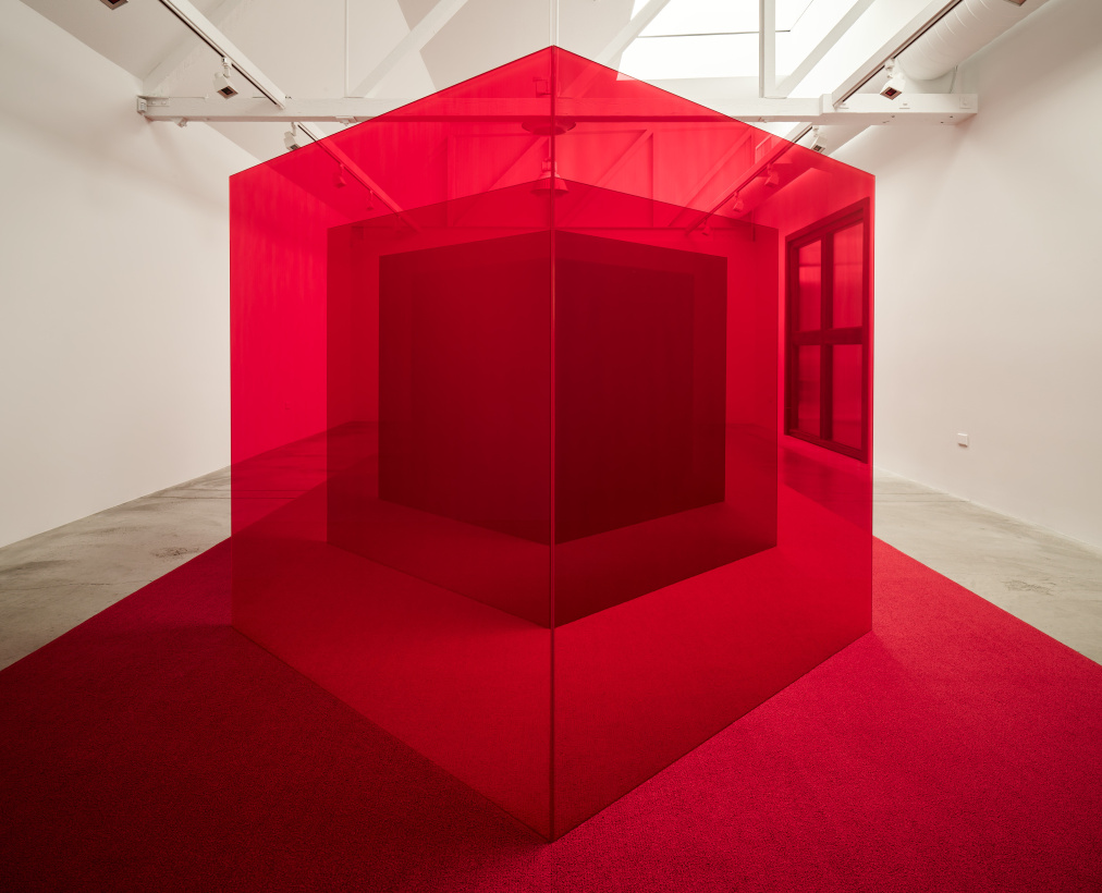 Larry Bell Pacific Red installation image at Anthony Meier gallery Mill Valley 2024 by Matthew Millman