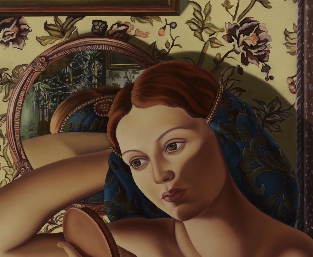 Image of a painting depicting a woman looking into a handheld mirror against a decorative wallpaper background, bv Jesse Mockrin.