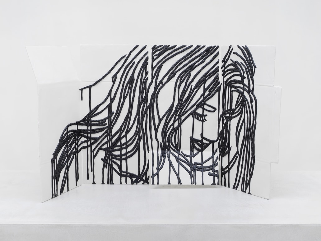 Ghada Amer (b. 1963) The Hunter-RFGA, 2020 Acrylic, embroidery, an gel medium on canvas 42 x 50 inches 106.7 x 127 cm