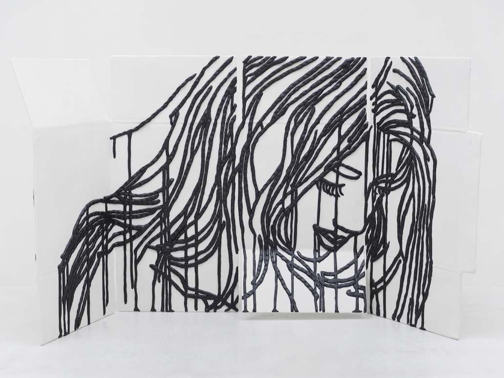 Ghada Amer (b. 1963) The Hunter-RFGA, 2020 Acrylic, embroidery, an gel medium on canvas 42 x 50 inches 106.7 x 127 cm