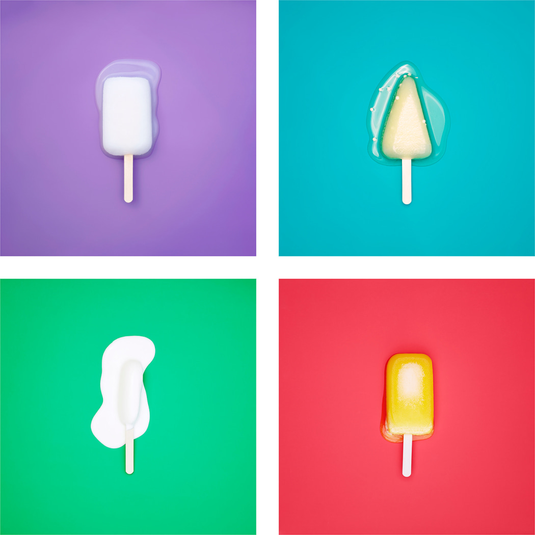 Four color photographs of popsicles melting on solid brightly colored backgrounds
