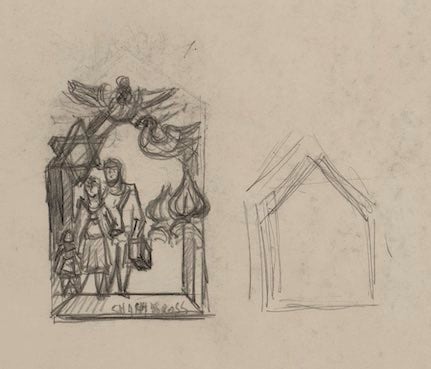 Pencil sketch of a child, mother, and father on the left side, below a Star of David. On the right are onion domes and a bird above.