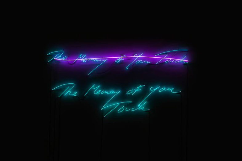 Tracey Emin  The Memory of Your Touch, 2017  neon (clear blue text, flamingo pink line)  41 3/4 x 87 13/16 inches  Edition of 3 with 2 APs