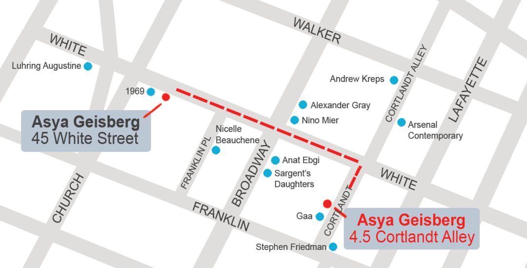 Asya Geisberg Gallery is temporarily located at 4.5 Cortlandt Alley, between White St and&nbsp;Franklin St. By appointment only through March., Please feel free to get in touch via email info@asyageisberggallery.com, phone at 212-675-7525, or Instagram @asyageisberggallery.