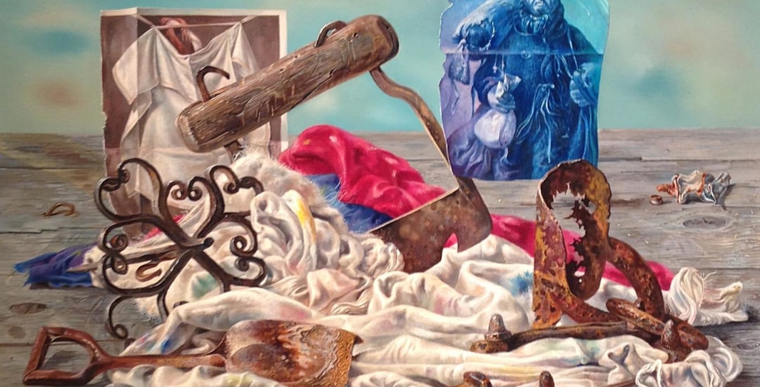 Aaron Bohrod oil painting &quot;Rags and Old Iron&quot;.