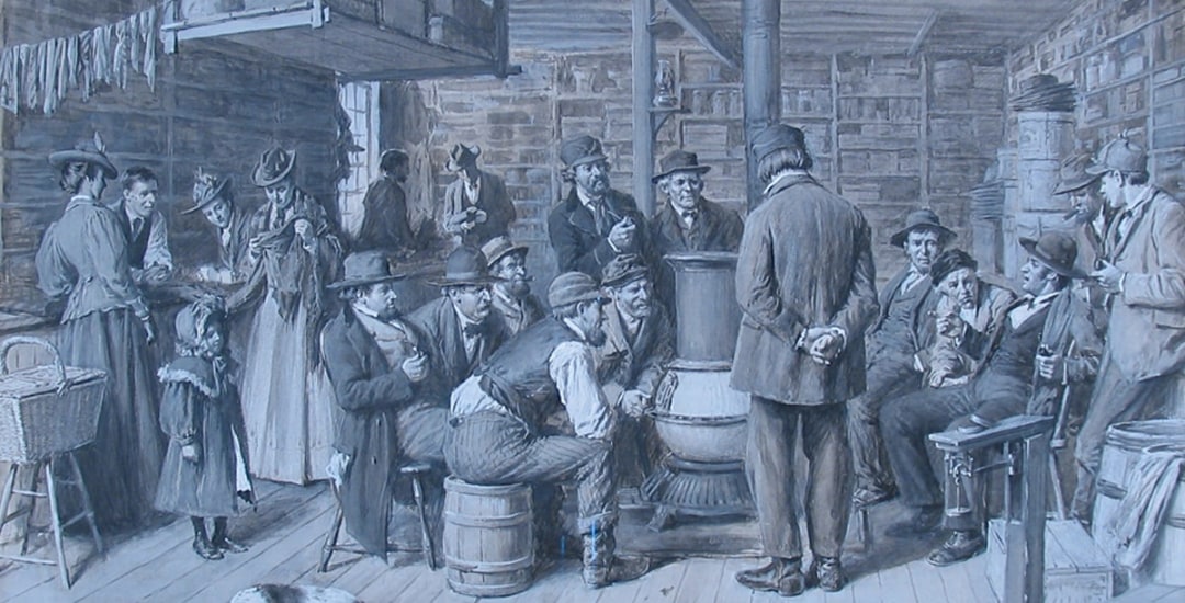 Image of Arthur B. Frost's painting &quot;The Country Store as a Social Center&quot; depicting a group of people gathered in a store, many around a pot-bellied wood stove.