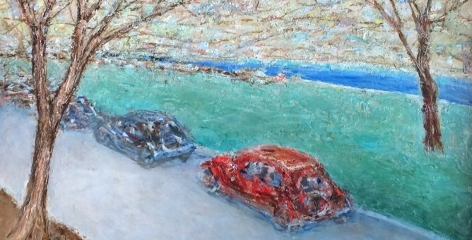 Image of Arnold Friedman's 1938 oil painting entitled &quot;Autumn Day Drive&quot; showing several automobiles on a road which parallels a river.