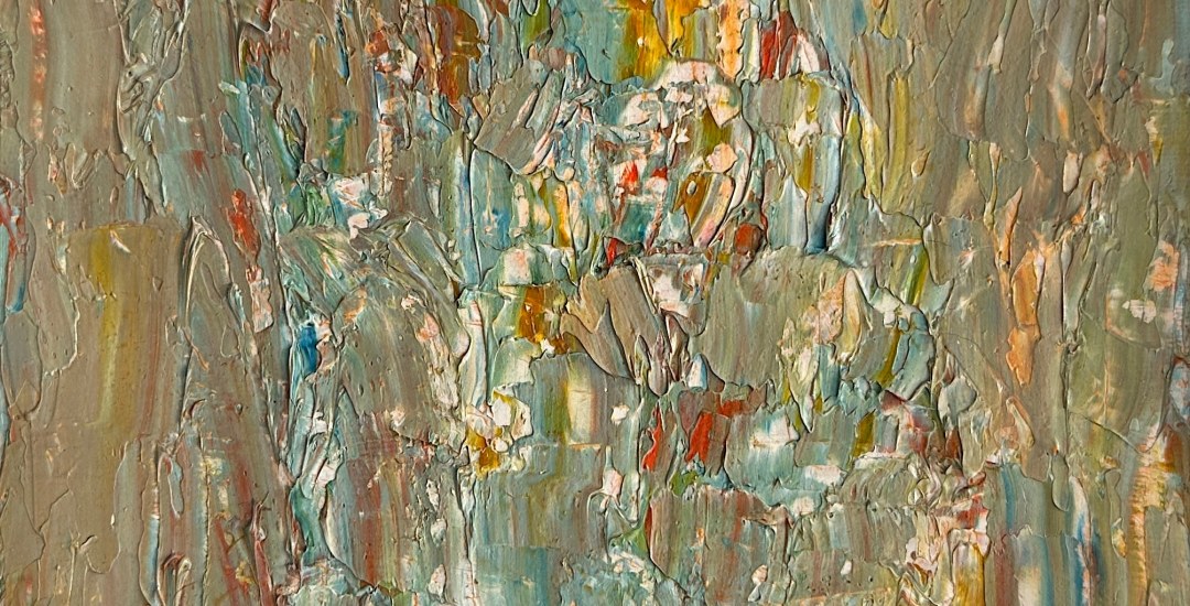 Image of untitled 1958 Shirley Goldfarb abstract painting with greens, blues, and other colors thickly brushed on the canvas.