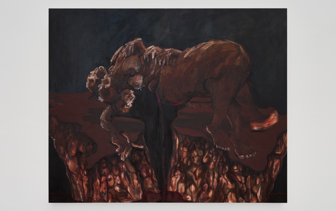 A painting of nude bodies intertwined suspended between two rock formations. 