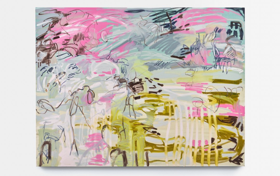 An abstract painting in pinks, blues and yellowy greens with figure like line drawings. 
